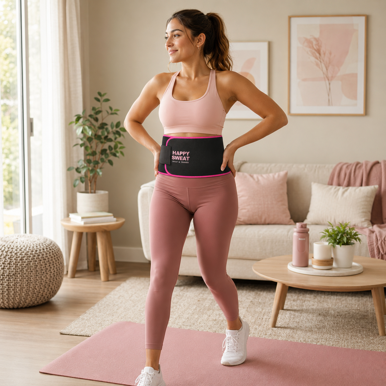 Woman doing a home workout with a waist belt
