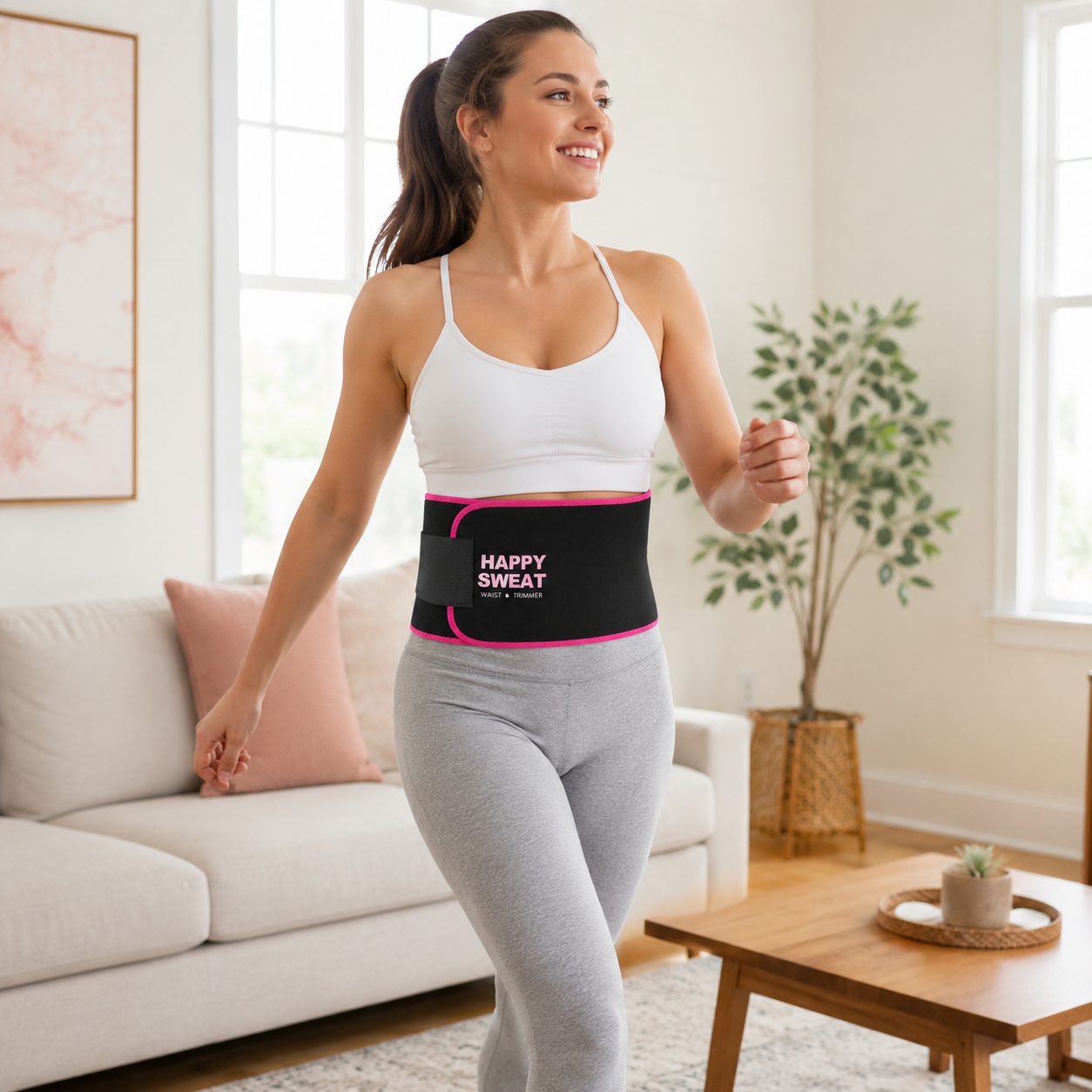 Woman moving while wearing the Veylora Fit Sweat Belt