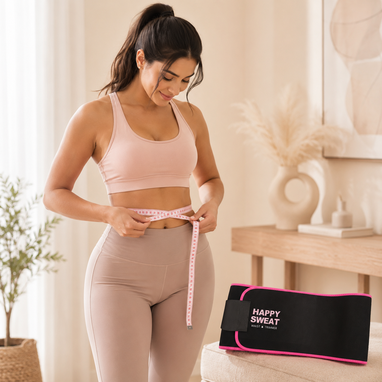 Woman measuring her waist for a sweat belt