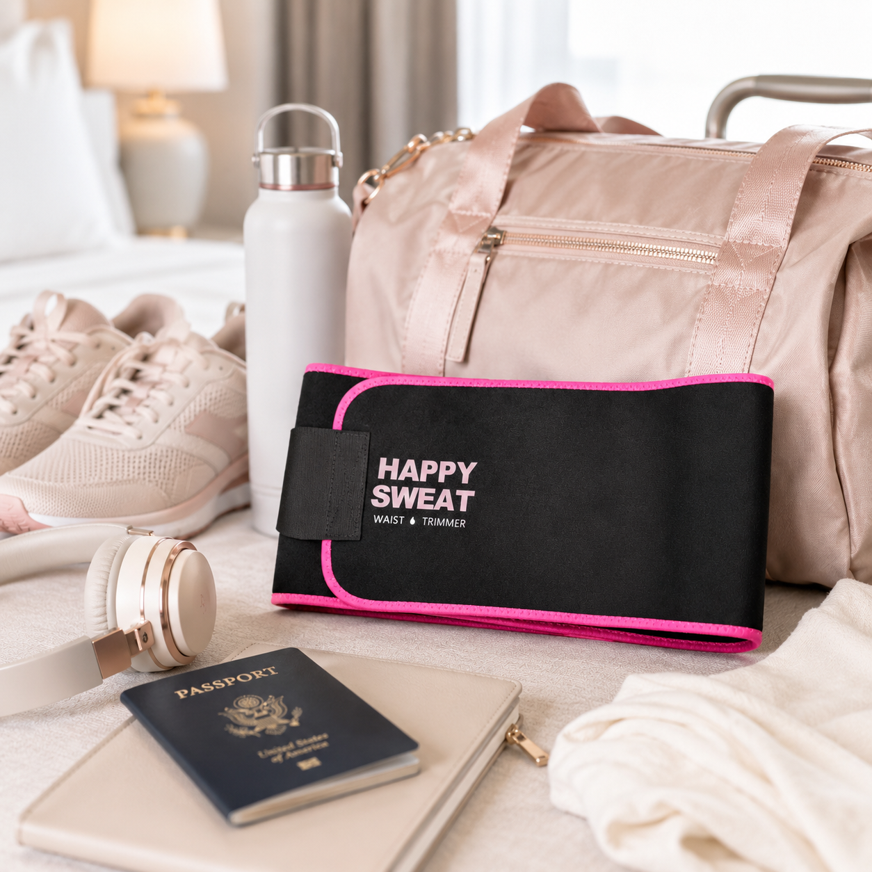 Portable waist belt placed beside a gym bag